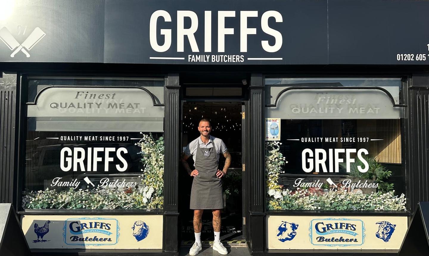 Sean in the doorway of Griffs Family Butchers on Lower Blandford Road, Broadstone